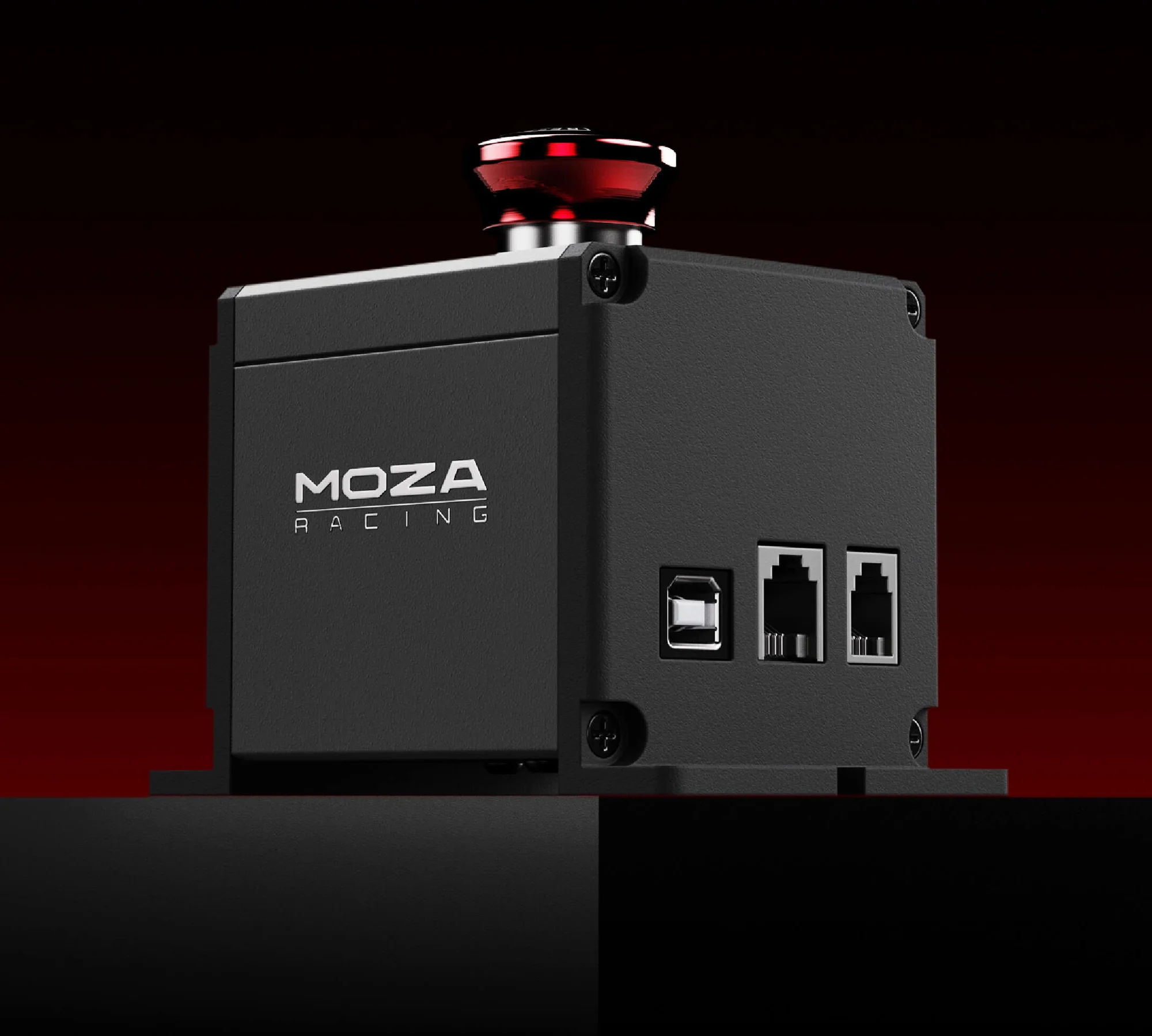 MOZA E-Stop Switch в красной подсветке: вид три четверти, на боковой стенке видны три разъёма