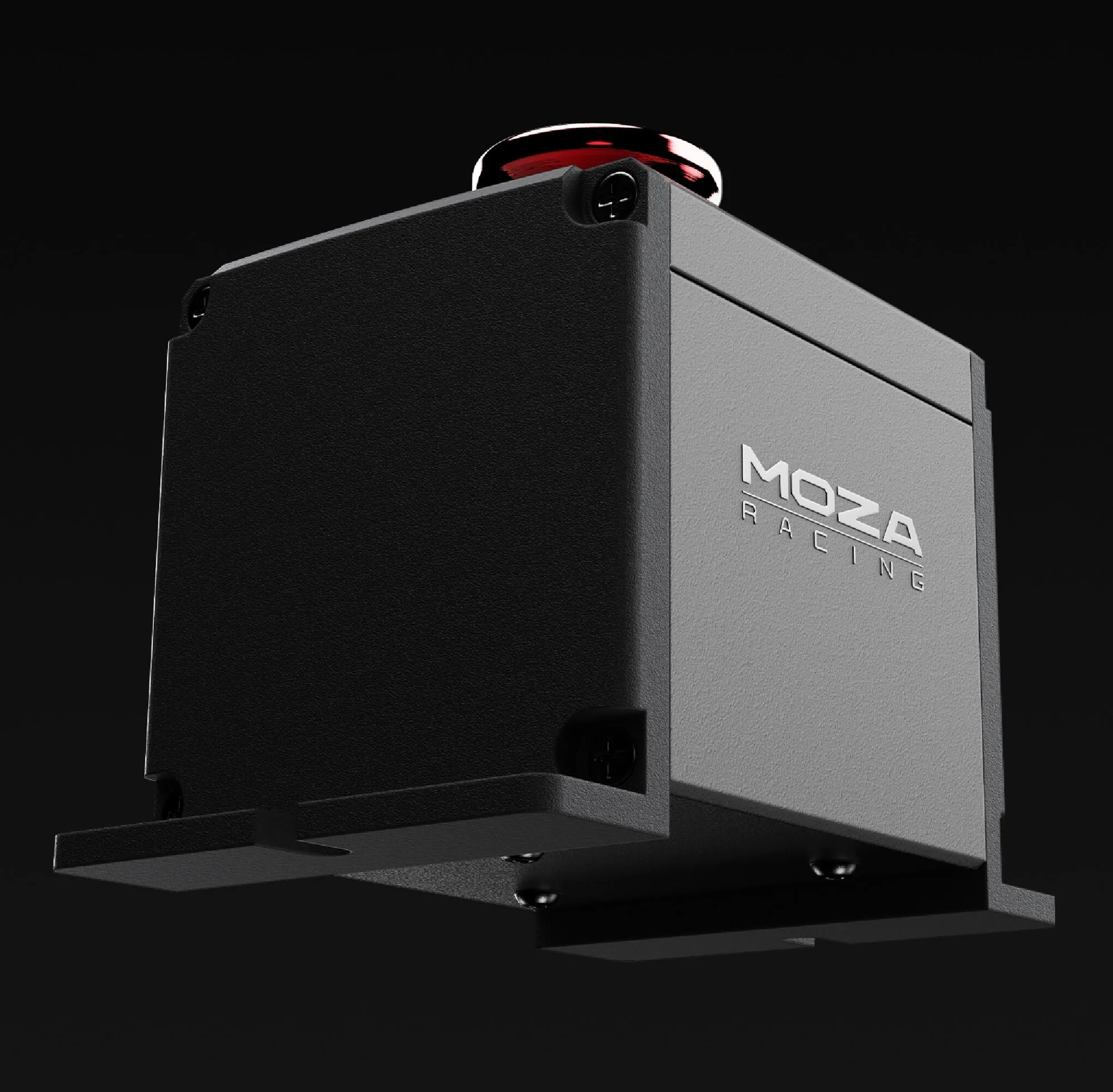 MOZA E-Stop Switch под углом: видны монтажные лапки корпуса и логотип MOZA RACING