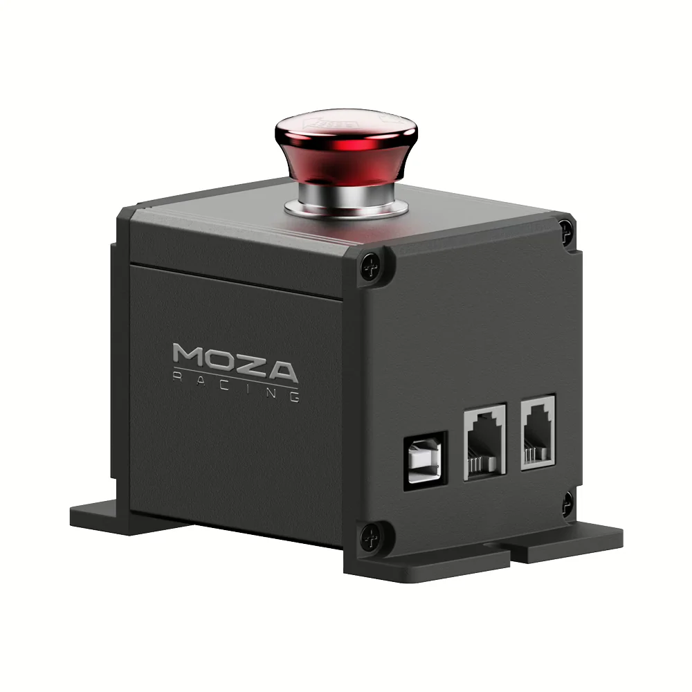 MOZA E-Stop Switch: чёрный алюминиевый корпус с красной кнопкой-грибком и разъёмами USB, RJ11 и RJ9 на белом фоне