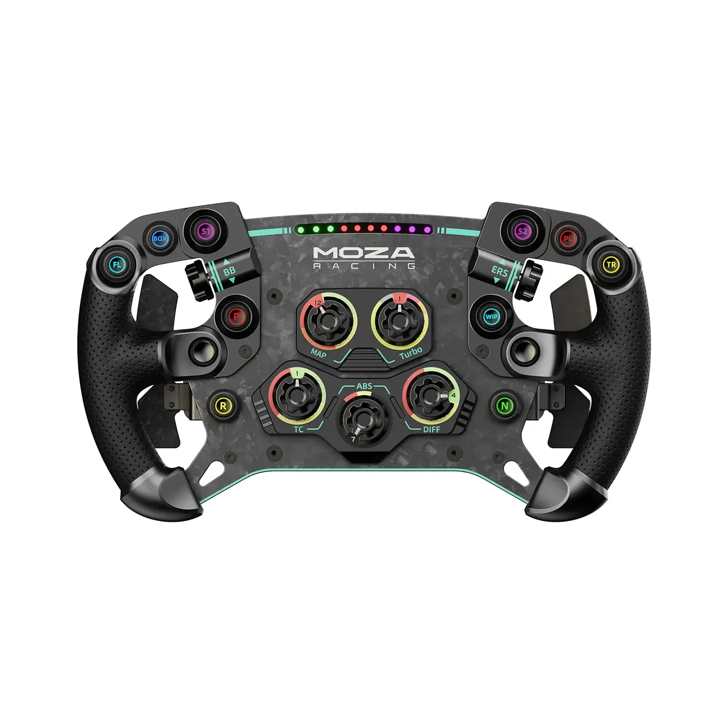 Руль MOZA GS V2P GT Wheel спереди: карбоновая панель, подсвеченные кнопки и планка светодиодов оборотов