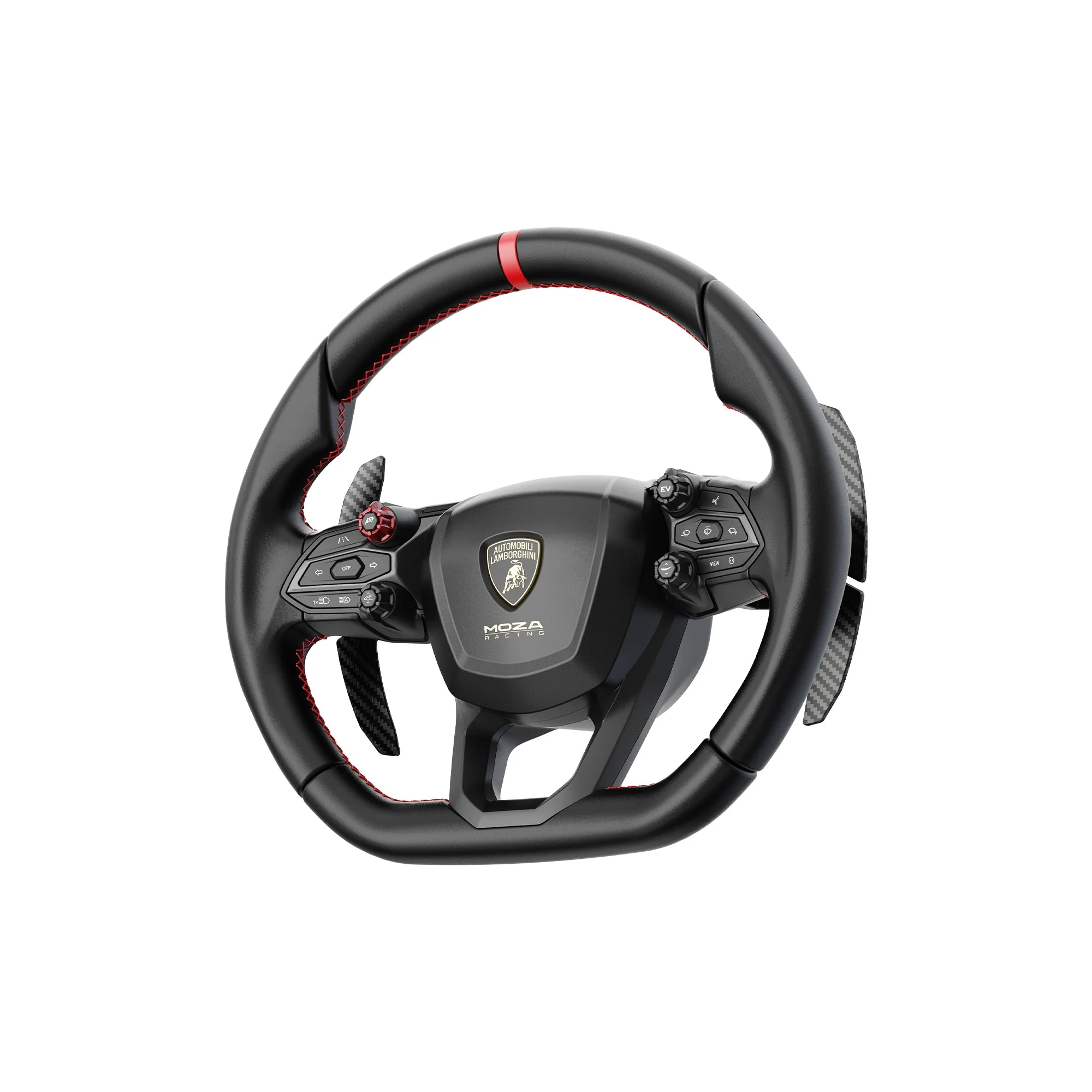 Руль MOZA Lamborghini Revuelto под углом: микрофибра и красная строчка