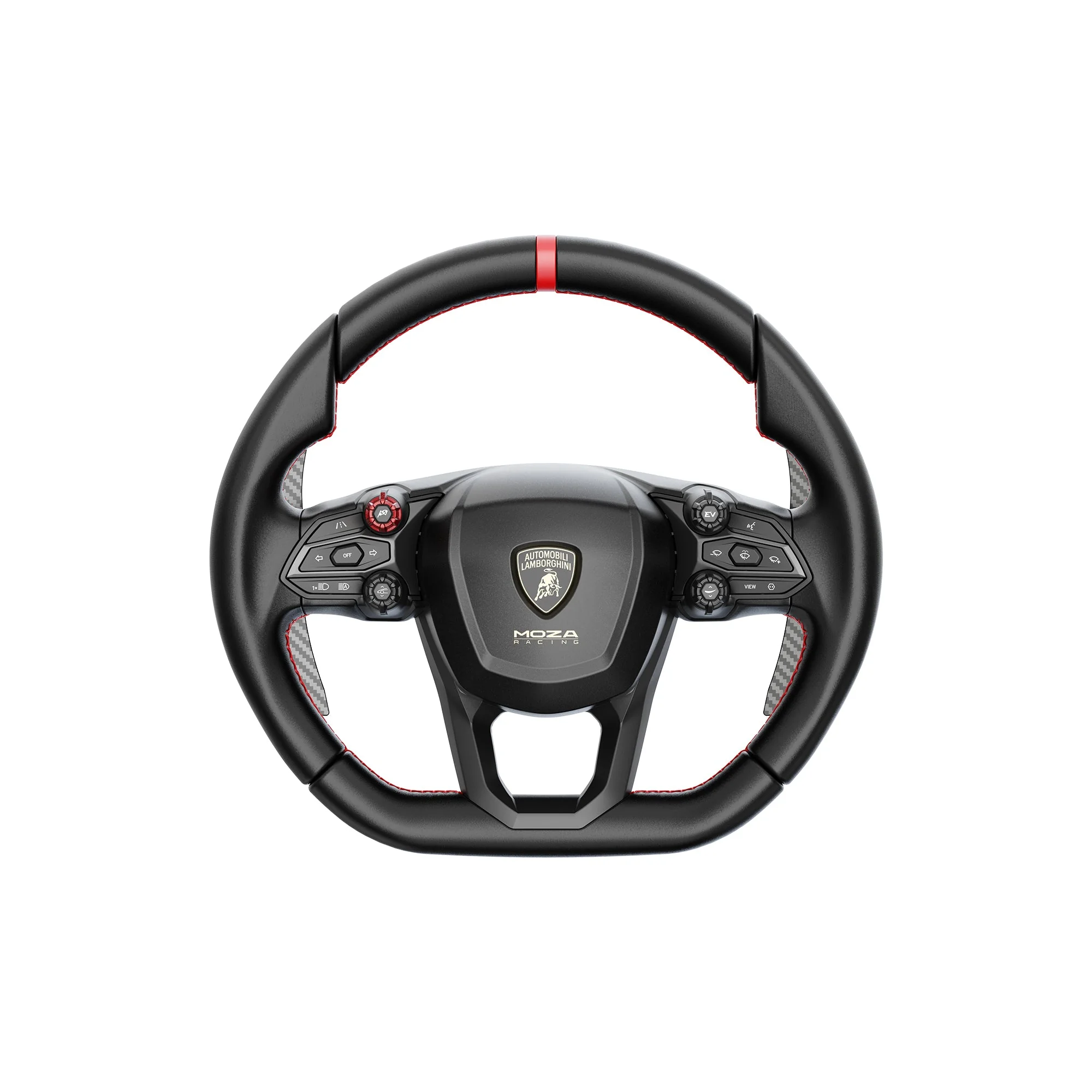 Руль MOZA Lamborghini Revuelto 340 мм, вид спереди, щиток Lamborghini в центре
