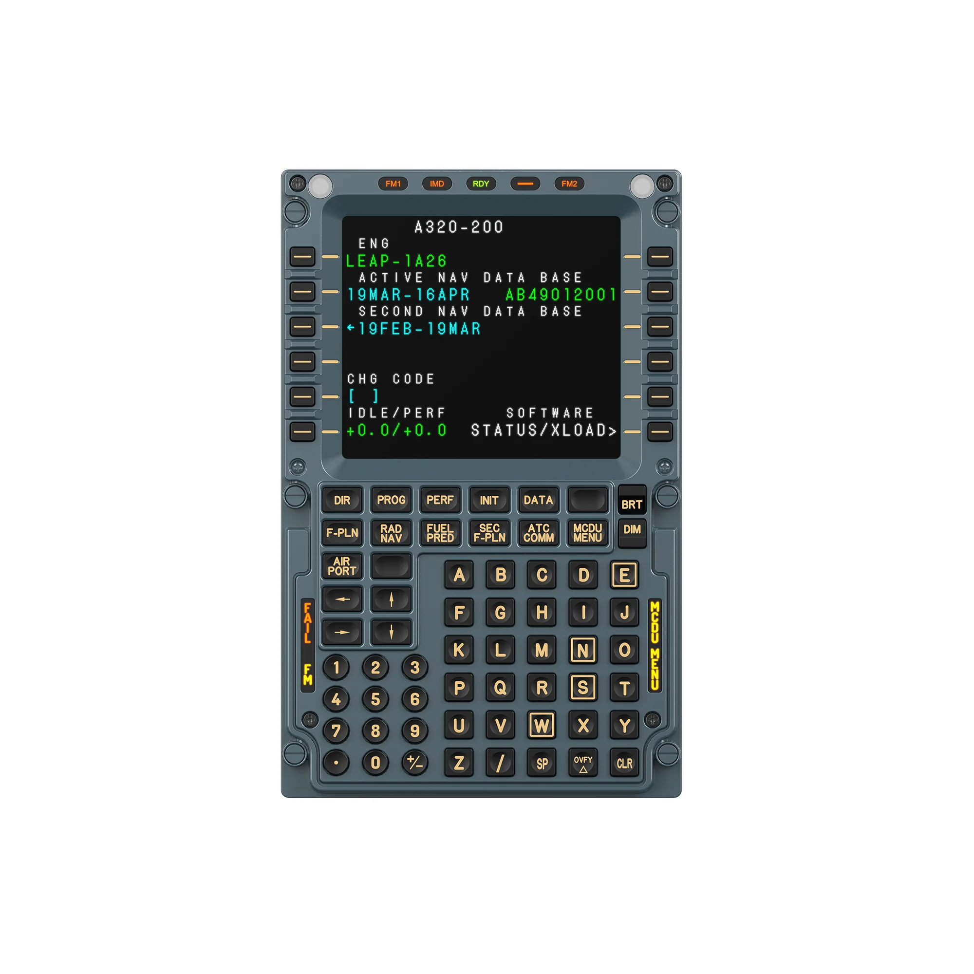 MOZA MA3F Flight Computer Display вид спереди: экран со страницей A320-200 и полная клавиатура MCDU