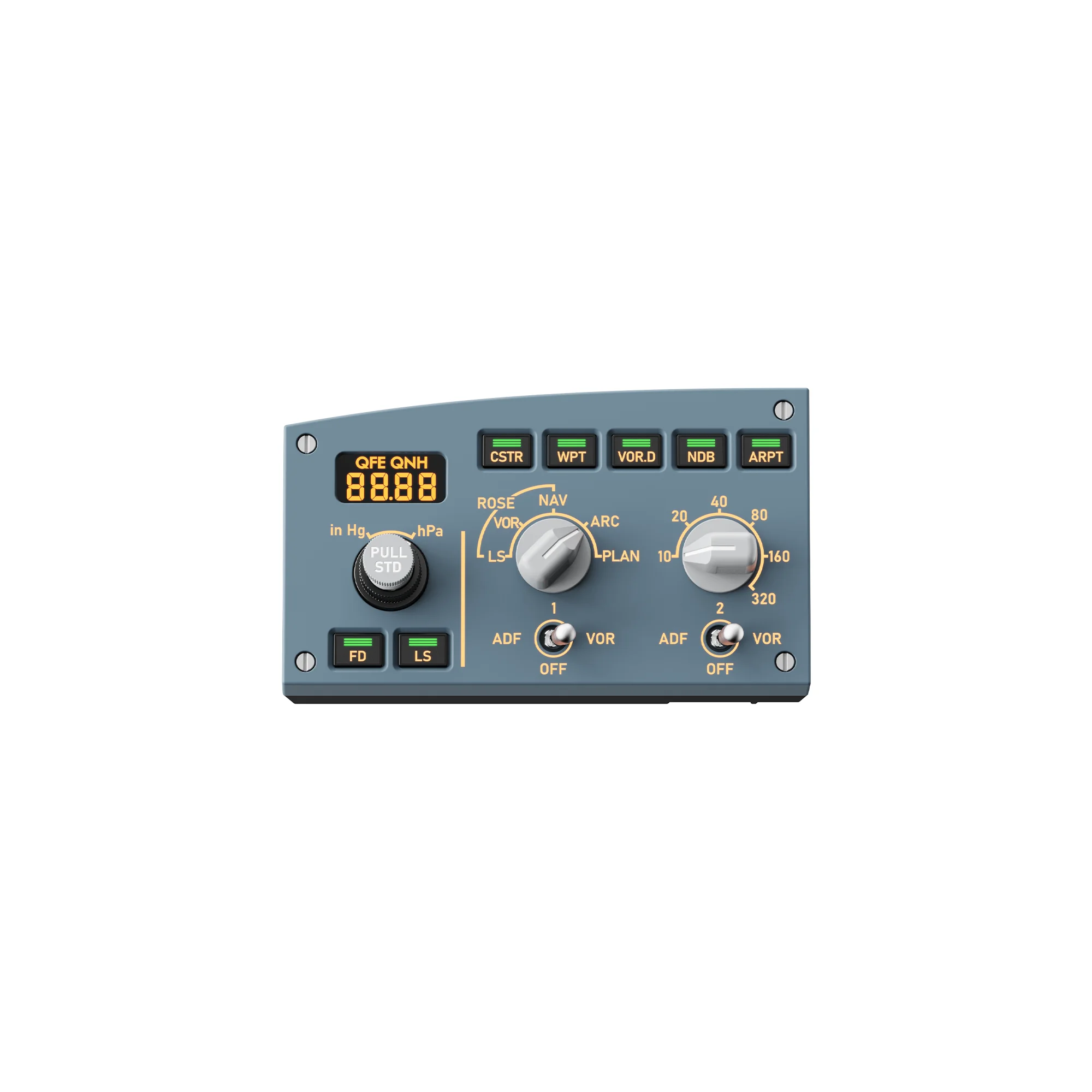 Левый модуль MOZA MA3F EFCM L: окно QFE/QNH слева, селекторы режима и дальности ND и тумблеры ADF/VOR