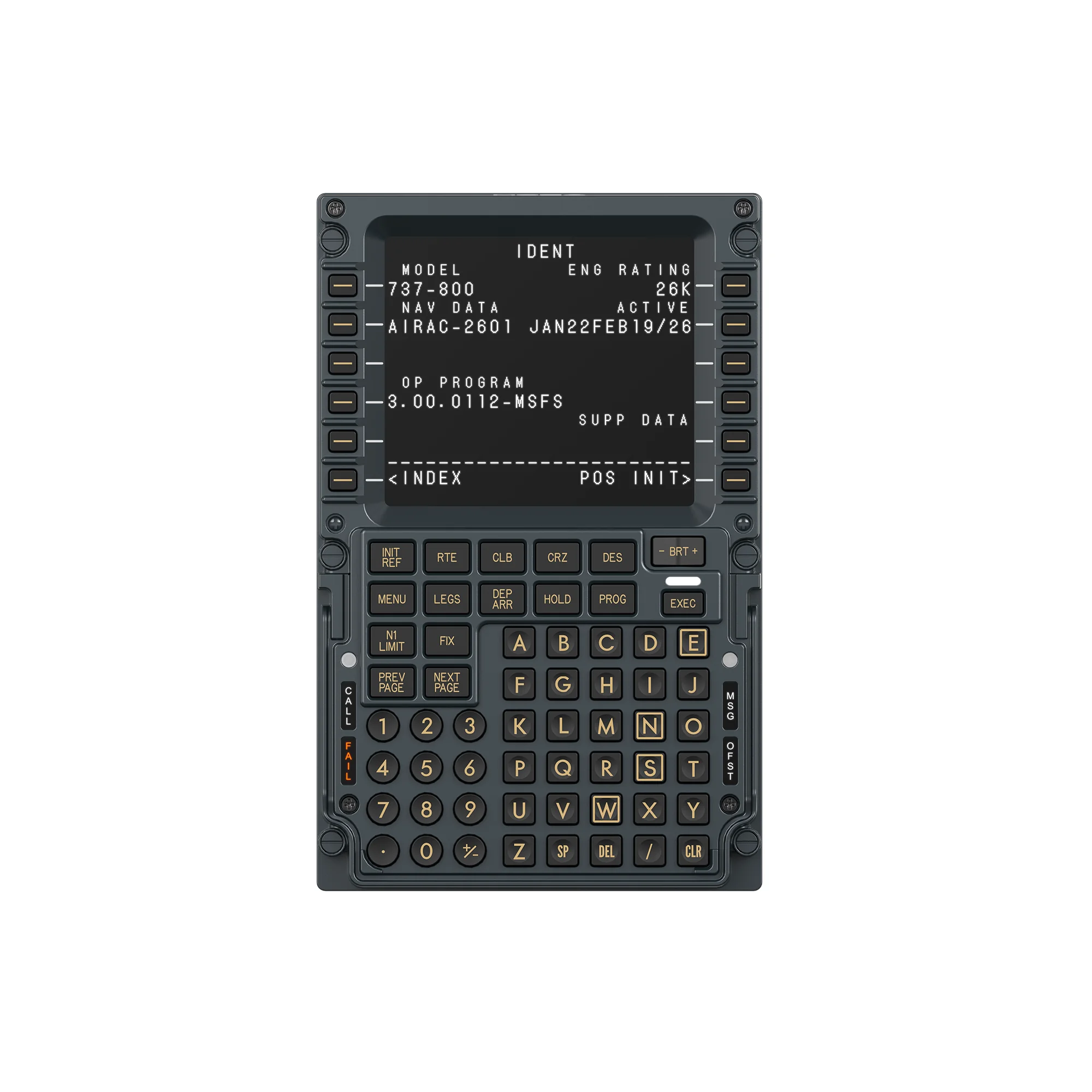 MOZA MB7F Flight Computer Display вид спереди: страница IDENT модели 737-800 и полная клавиатура CDU