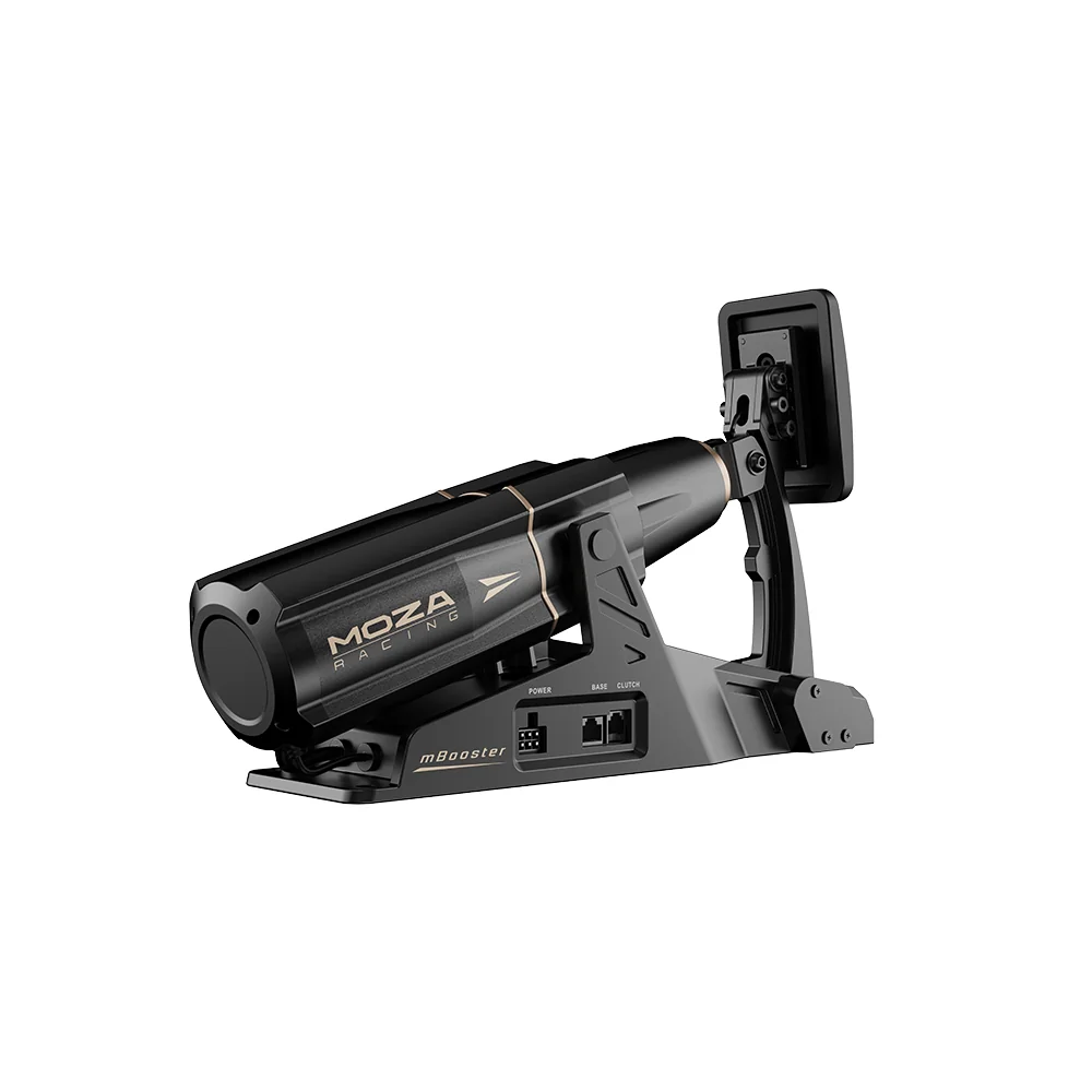 MOZA mBooster Active Pedal сзади под углом: порты POWER, BASE и CLUTCH и монтажное основание