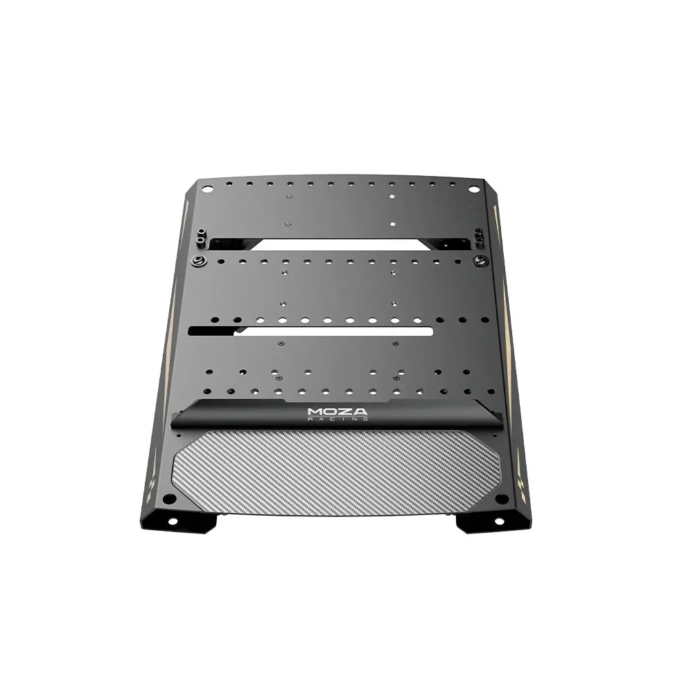 Чёрная стальная плита MOZA mBooster Base Plate сверху: пазы, сетка отверстий и площадка под пятку