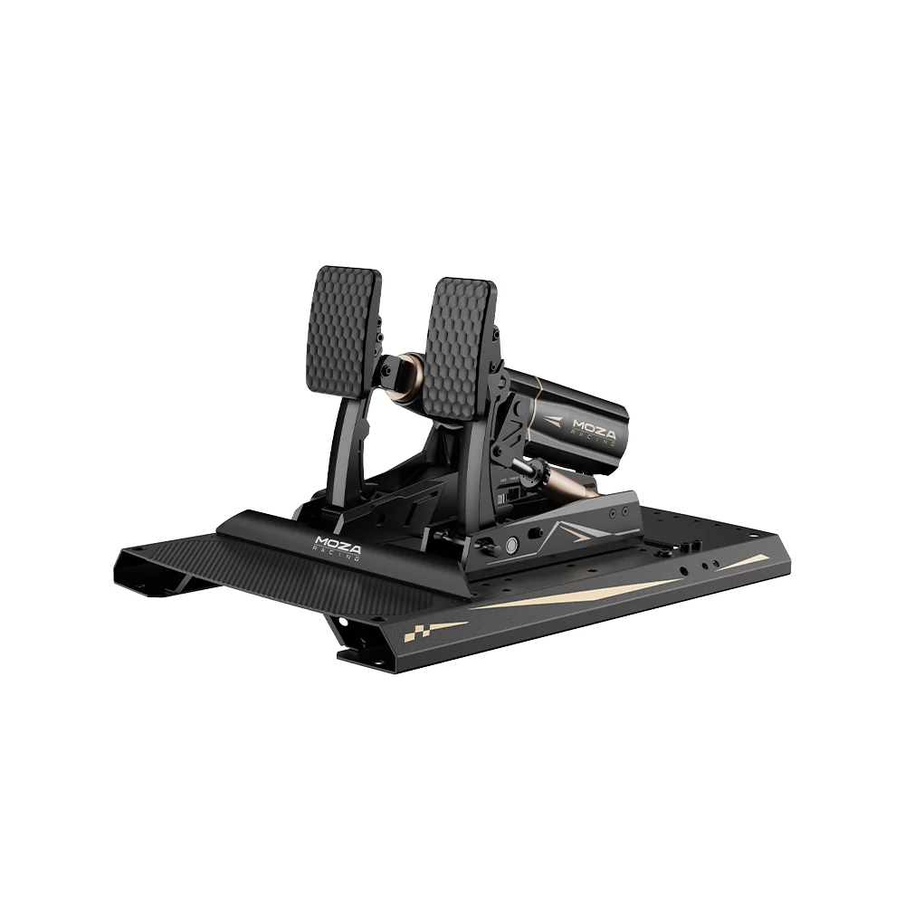 MOZA mBooster Active Pedal Set спереди под углом: две педали и удлинённая пластина с подпяточником