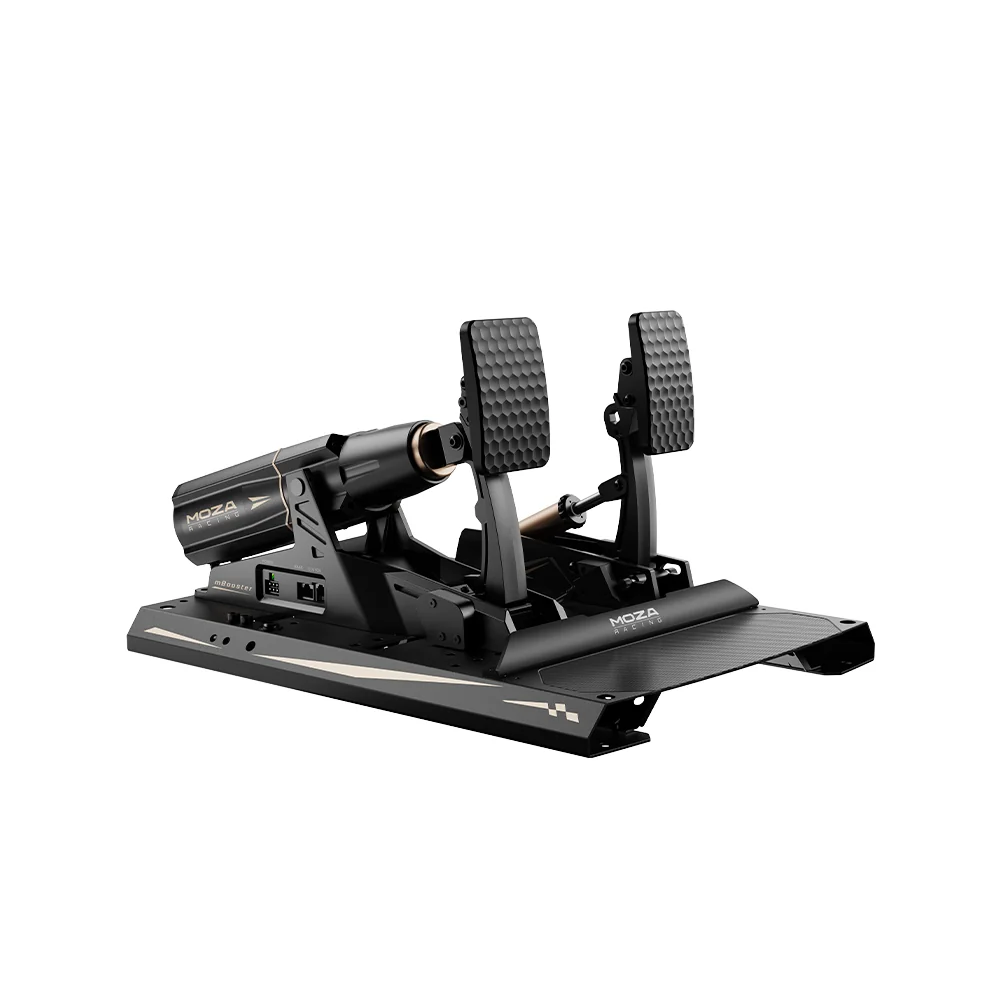 MOZA mBooster Active Pedal Set: активная педаль и газ CRP2 на монтажных пластинах, белый фон