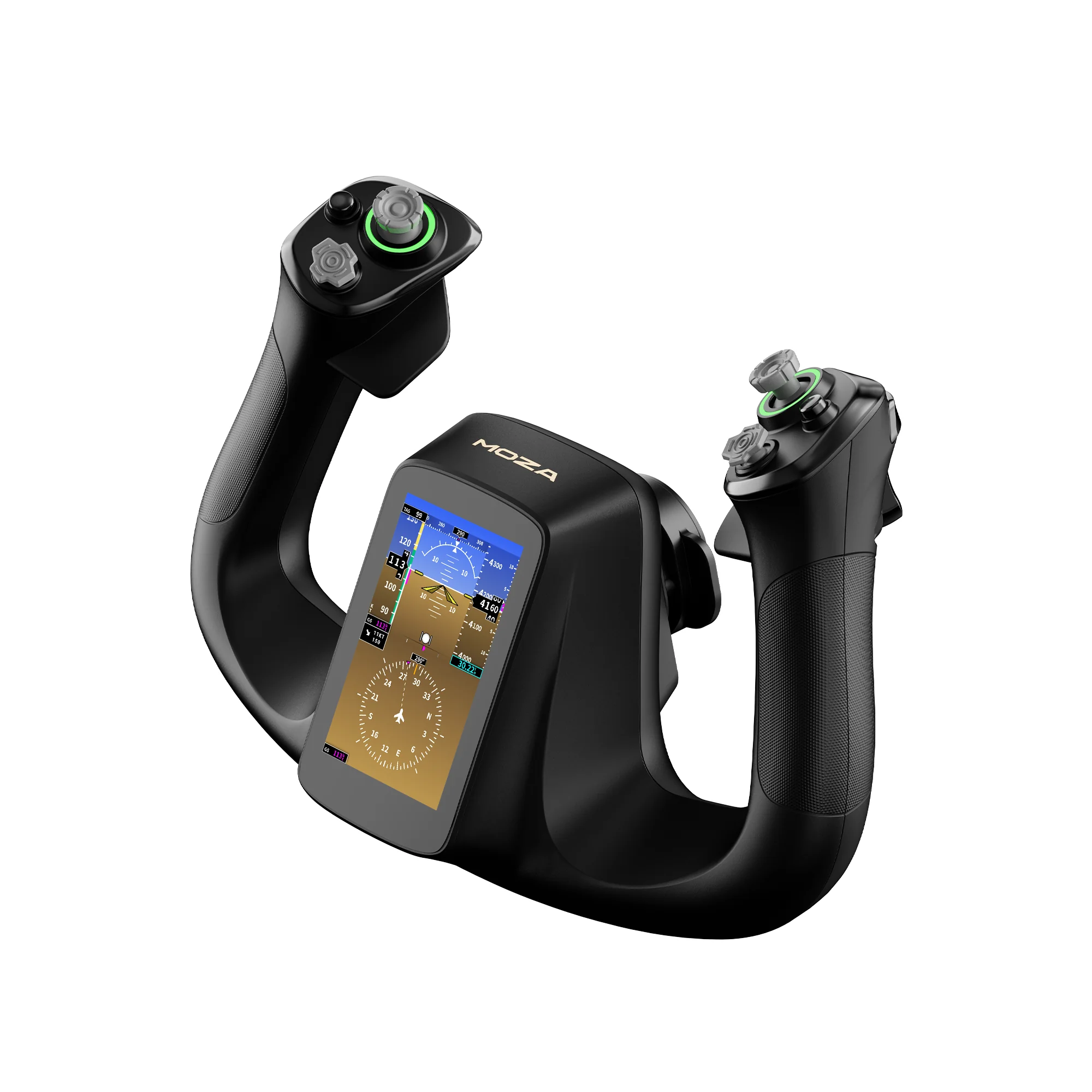 MOZA MFY Pro Yoke Handle сверху под углом: экран 4,3″ и обе рукоятки