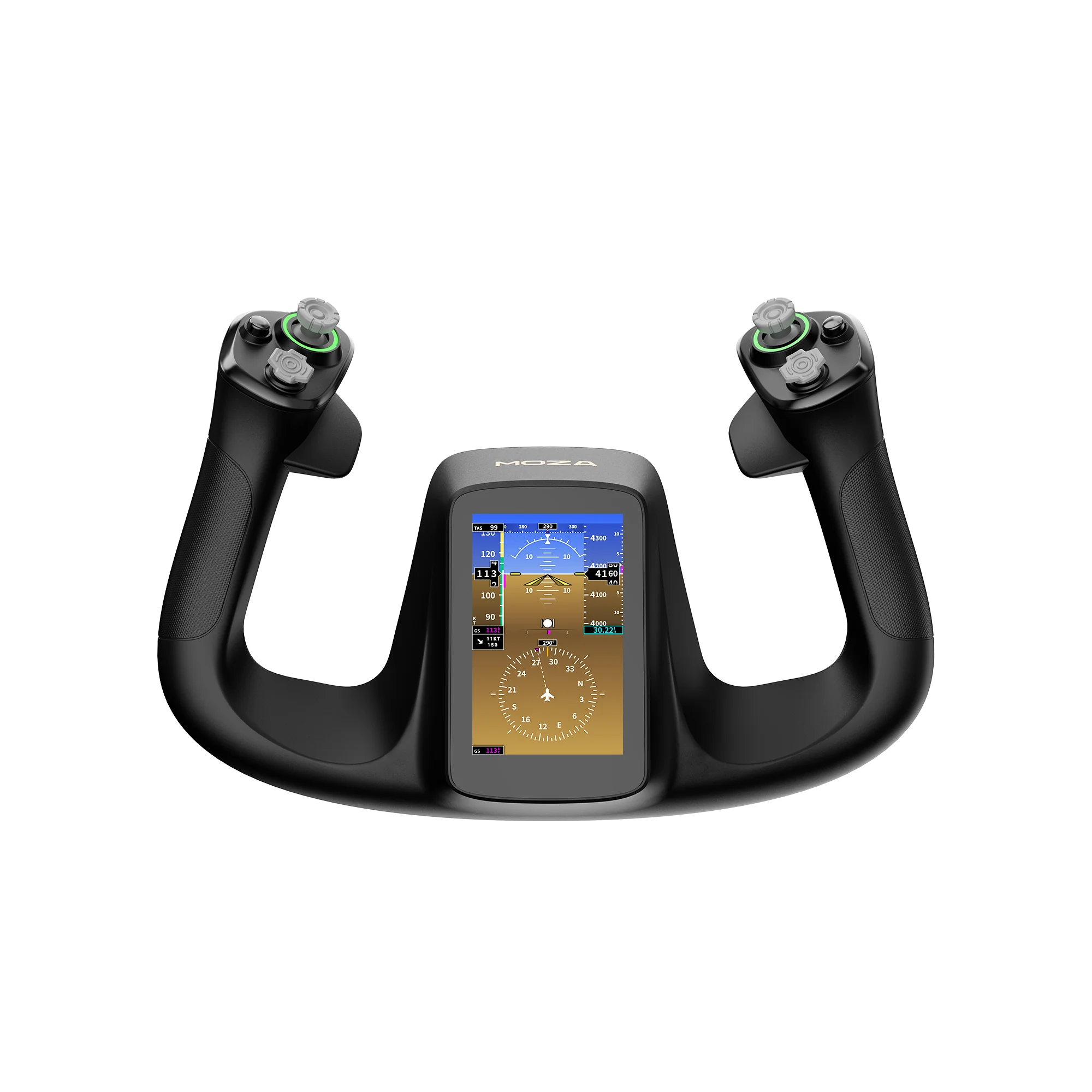 MOZA MFY Pro Yoke Handle: чёрная рукоять-штурвал с сенсорным экраном 4,3″, вид спереди