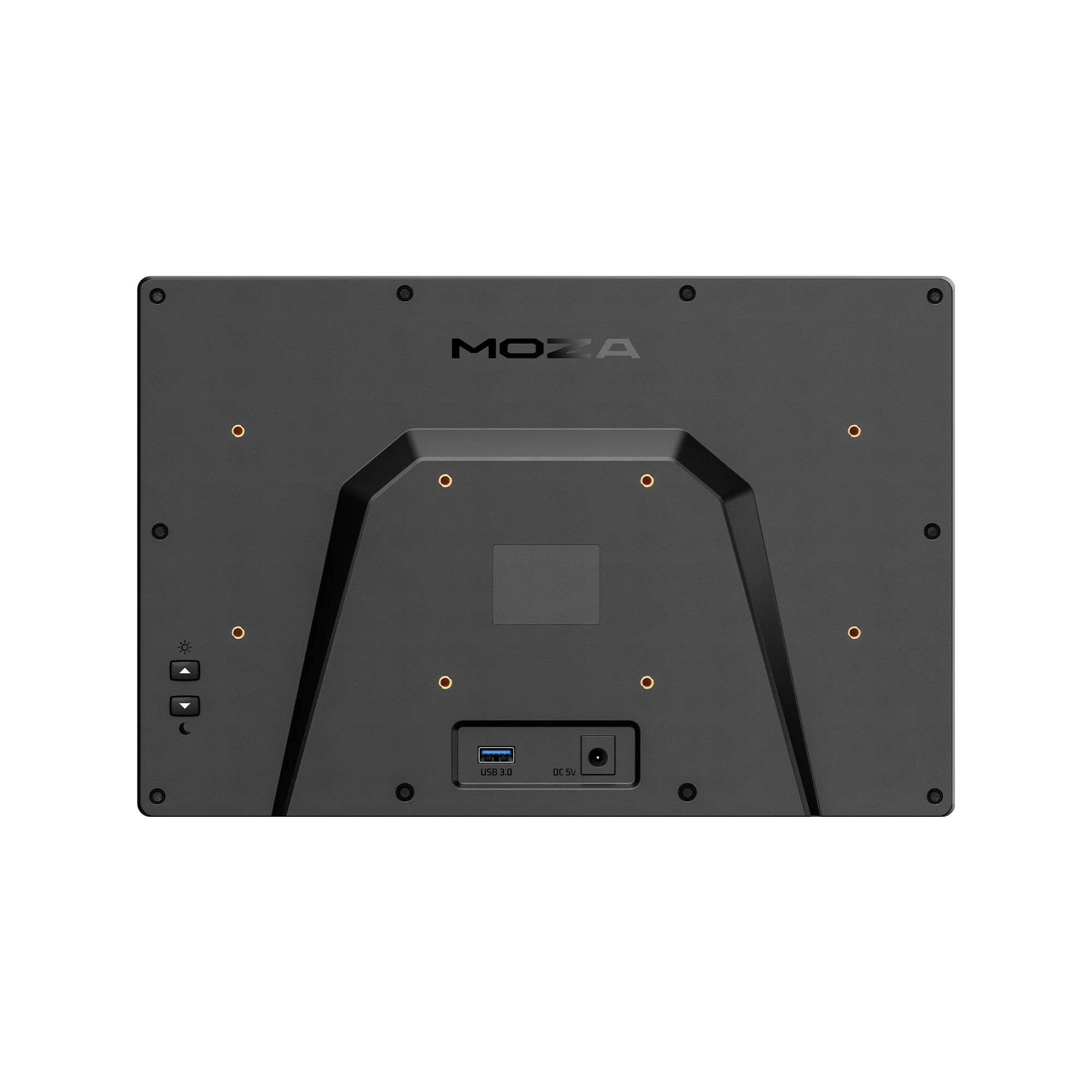 Задняя сторона MOZA MGX1000: отверстия VESA 75 × 75 мм, порт USB-A и разъём питания 5 В