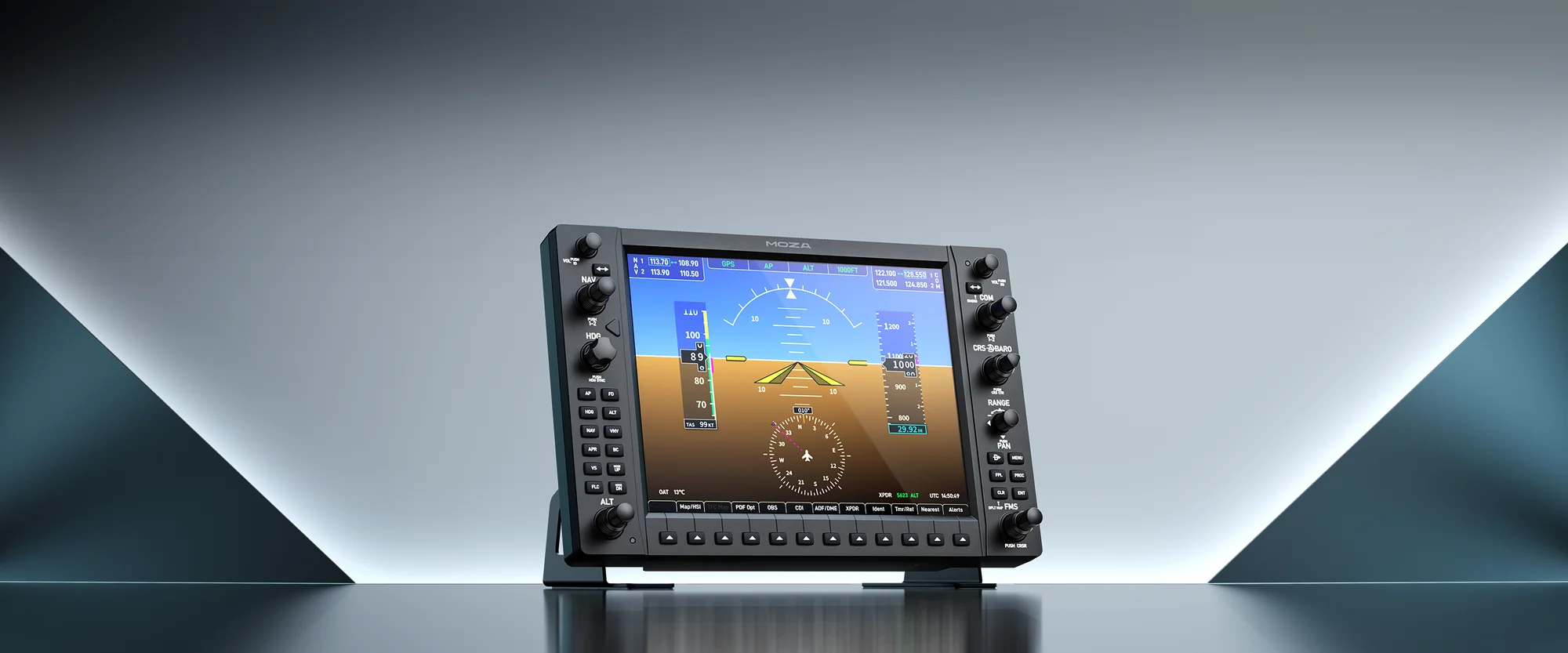 MOZA MGX1000 на настольной подставке из комплекта, студийный кадр с включённым экраном