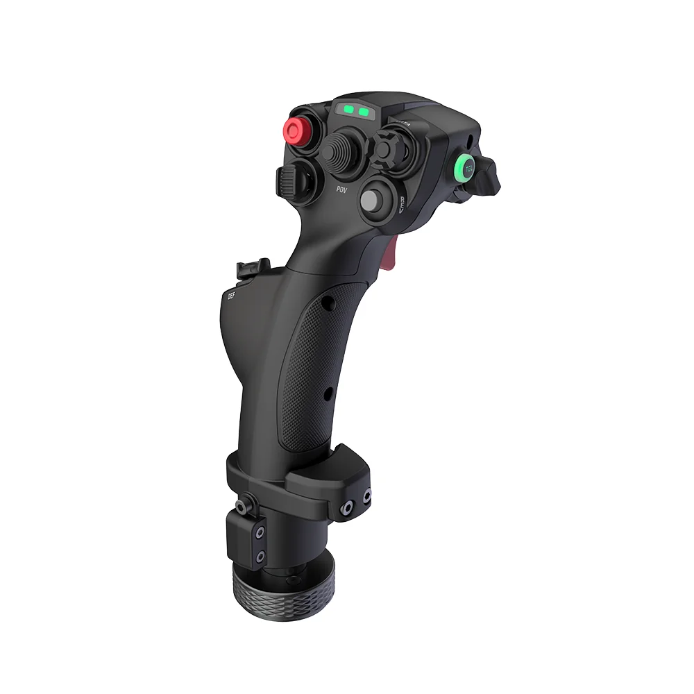 MOZA MHG Flightstick в три четверти: изогнутый хват и металлическое основание