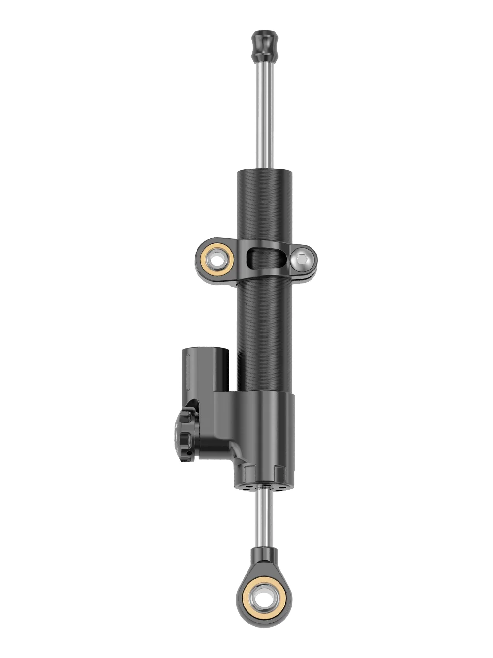 Демпфер MOZA MRP Adjustable Damper отдельно: чёрный цилиндр с поворотным регулятором, проушиной на корпусе и шарнирным наконечником на штоке