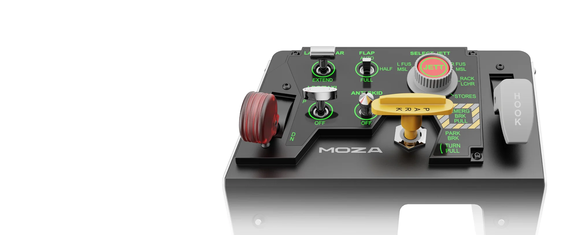 Крупный план раскладки MOZA MTLP: LAUNCH BAR, FLAP, LDG/TAXI LIGHT, ANTI SKID, SELECT JETT, тормоз и HOOK