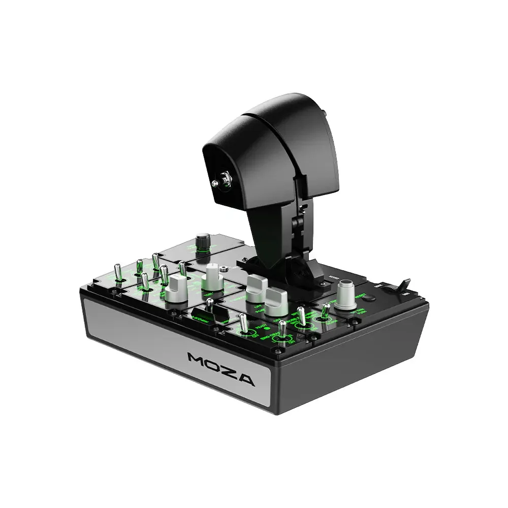 РУД MOZA MTP Throttle в три четверти на белом фоне: алюминиевая рукоятка и панель переключателей