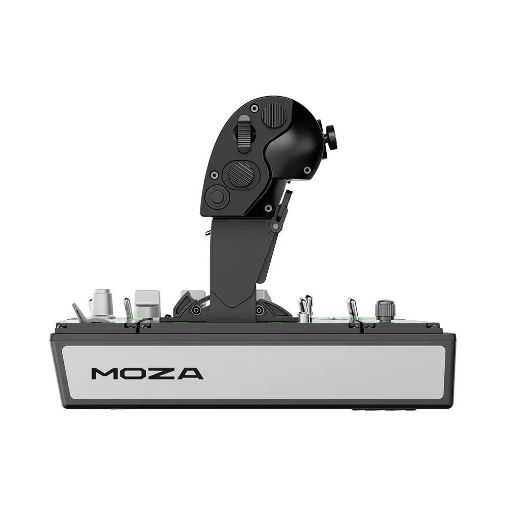 MOZA MTP Throttle спереди: шильдик MOZA на корпусе и рукоятка в верхнем положении