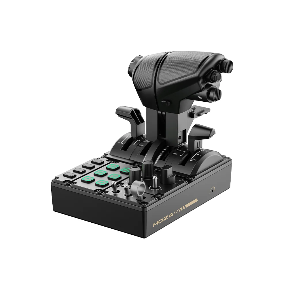 Блок MOZA MTQ Throttle Quadrant в три четверти с рычагами TQF и панелью подсвеченных кнопок
