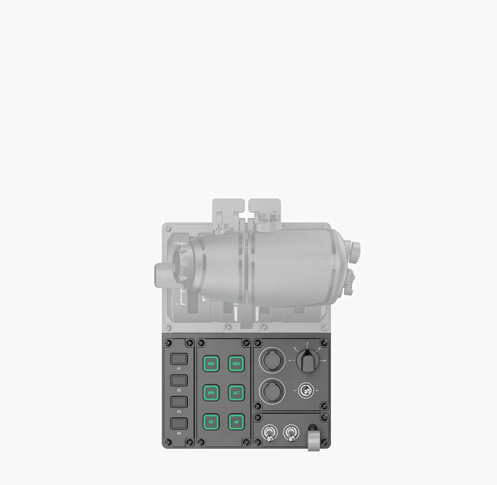 Нижняя панель MOZA MTQ крупно: кнопки A1–A4, NAV, HDG, SPD, ALT, FD, AP, регуляторы и тумблеры