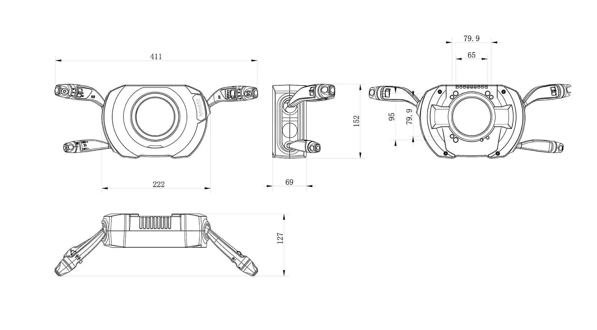 Чертёж MOZA Multi-function Stalks с размерами: ширина 411 мм, высота 152 мм, глубина 127 мм