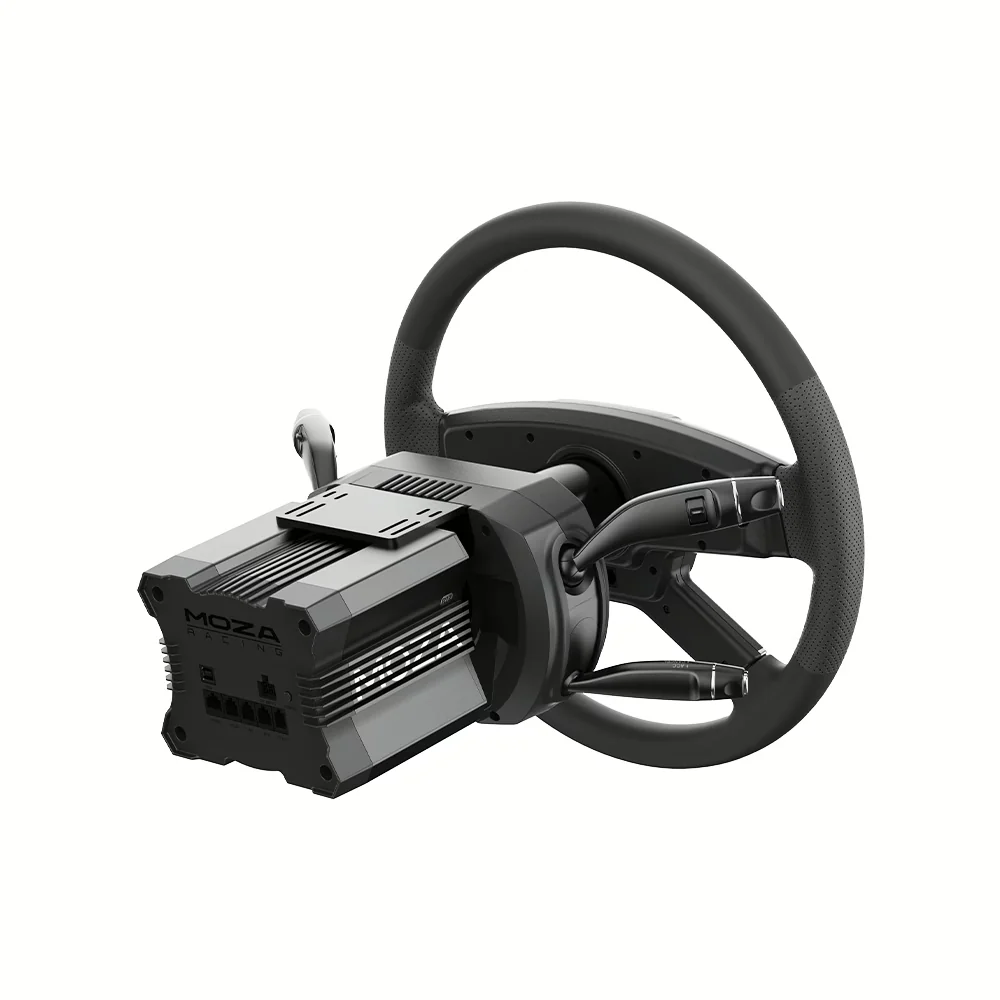 MOZA Multi-function Stalks установлены между базой MOZA и круглым рулём — собранный узел на белом фоне