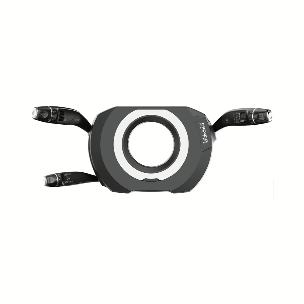 MOZA Multi-function Stalks: блок подрулевых переключателей с тремя рычагами и круглым проёмом под руль, вид спереди на белом фоне