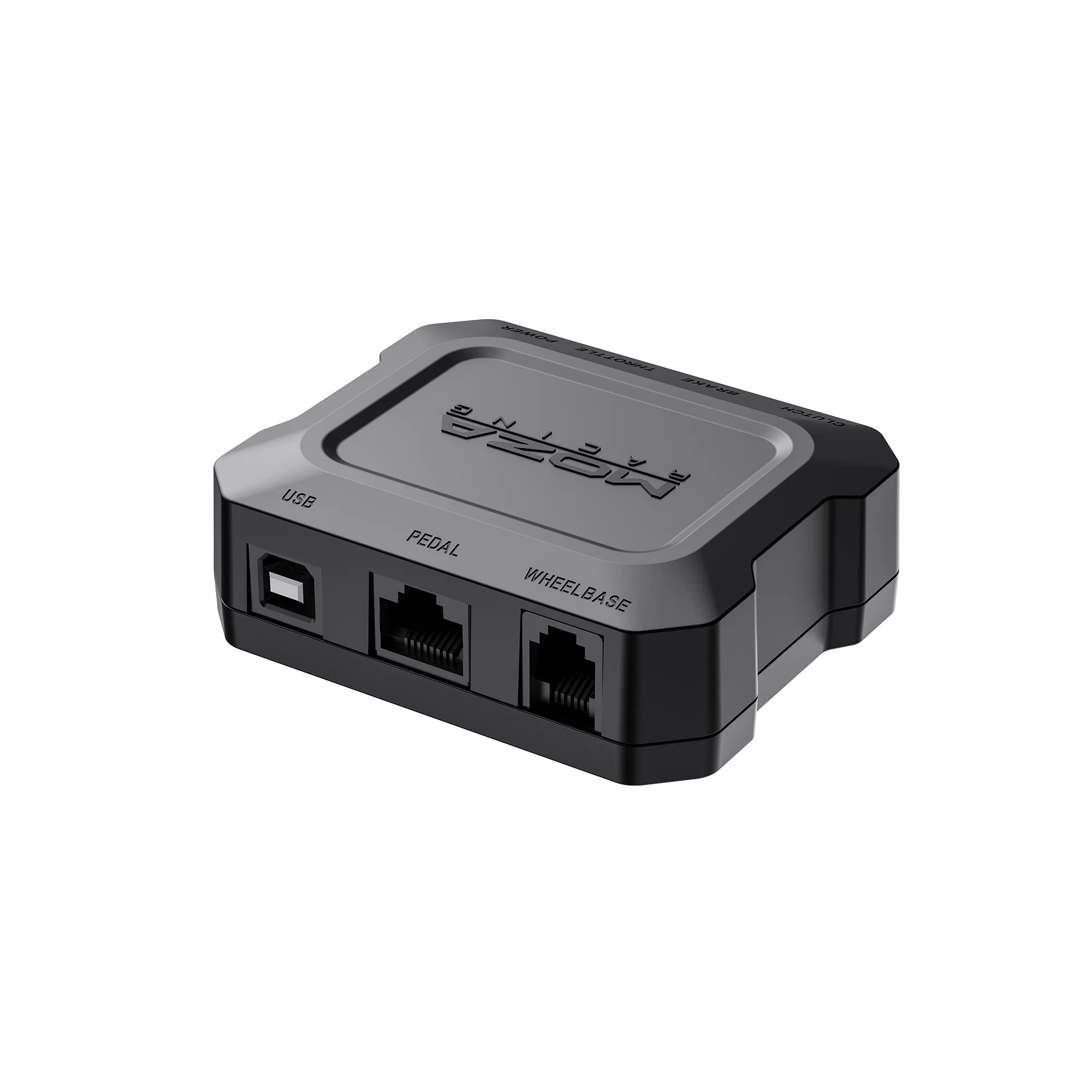 Блок управления MOZA PHF со стороны разъёмов USB, PEDAL и WHEELBASE на белом фоне