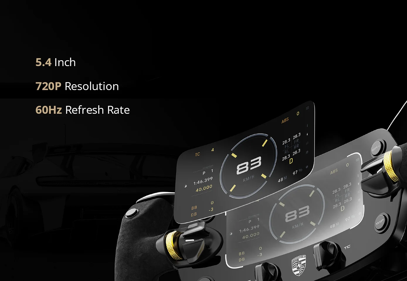 Гибкий OLED-дисплей 5,4 дюйма руля MOZA Porsche Mission R, официальный кадр с подписью 5.4 Inch / 720P / 60Hz