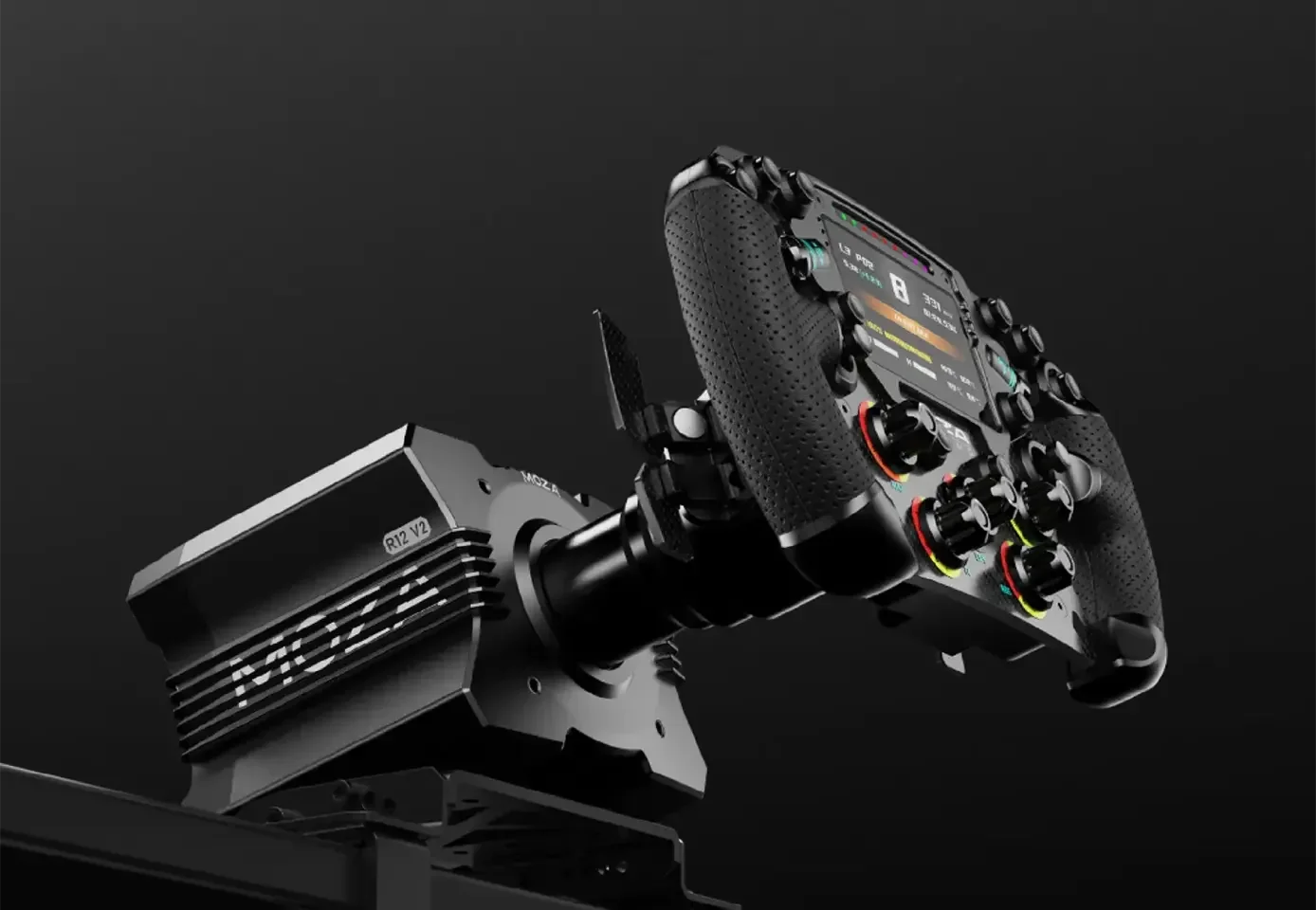 MOZA R12 V2 закреплена в раме кокпита с формульным рулём MOZA