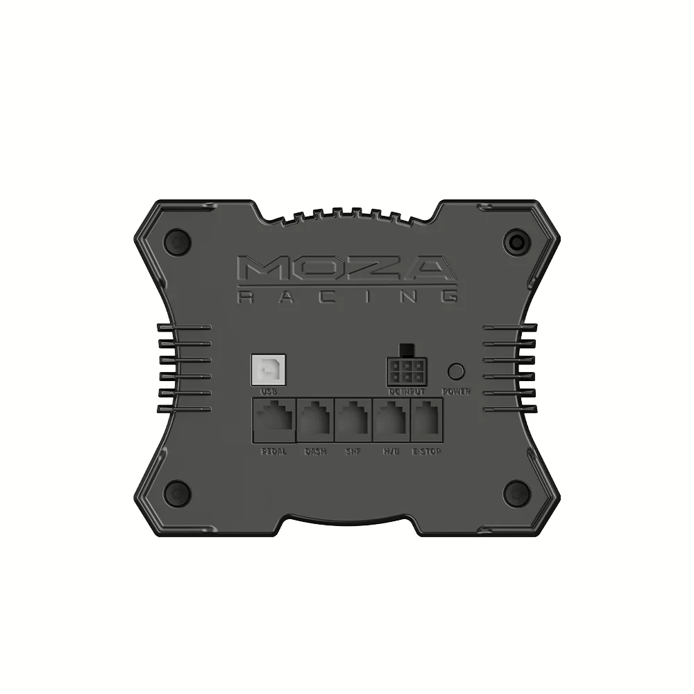 Задняя панель MOZA R12 V2: порты питания, USB, педалей, приборки, КПП, ручника и аварийной кнопки