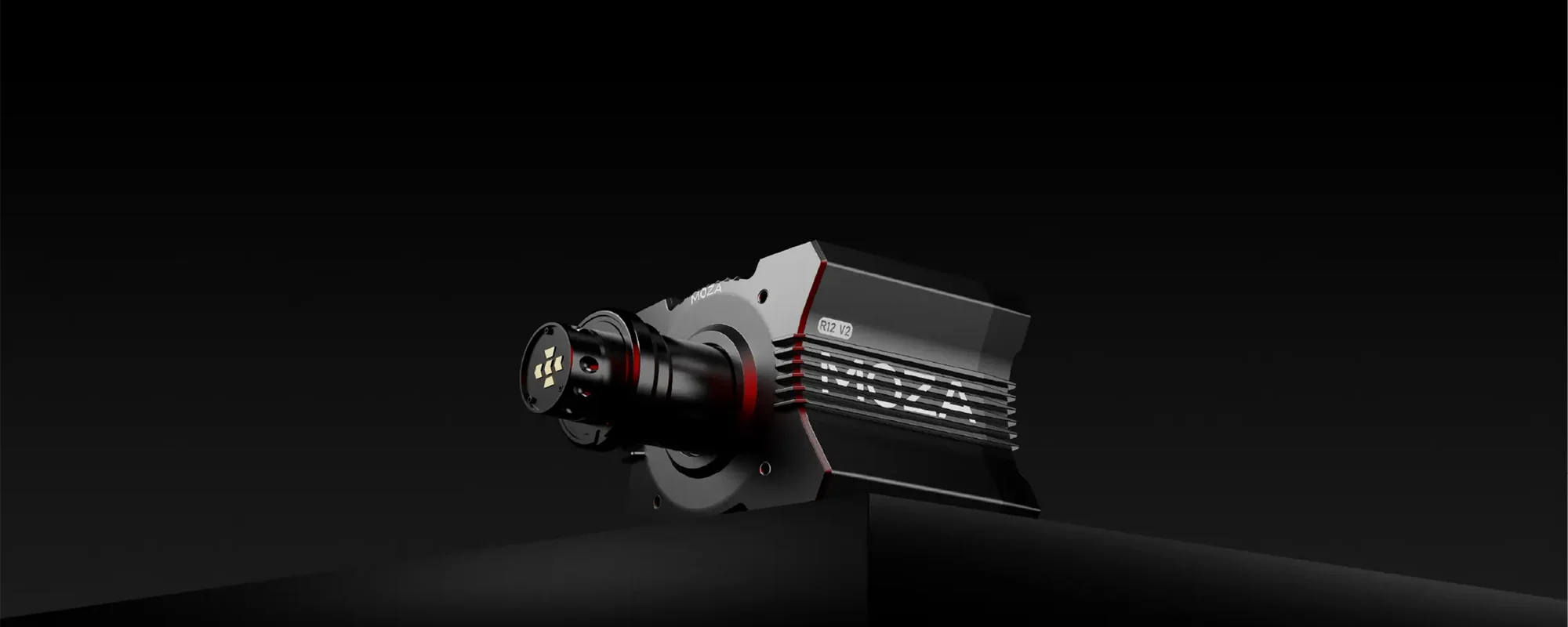MOZA R12 V2 в тёмной студийной съёмке, подсвеченный корпус базы с прямым приводом