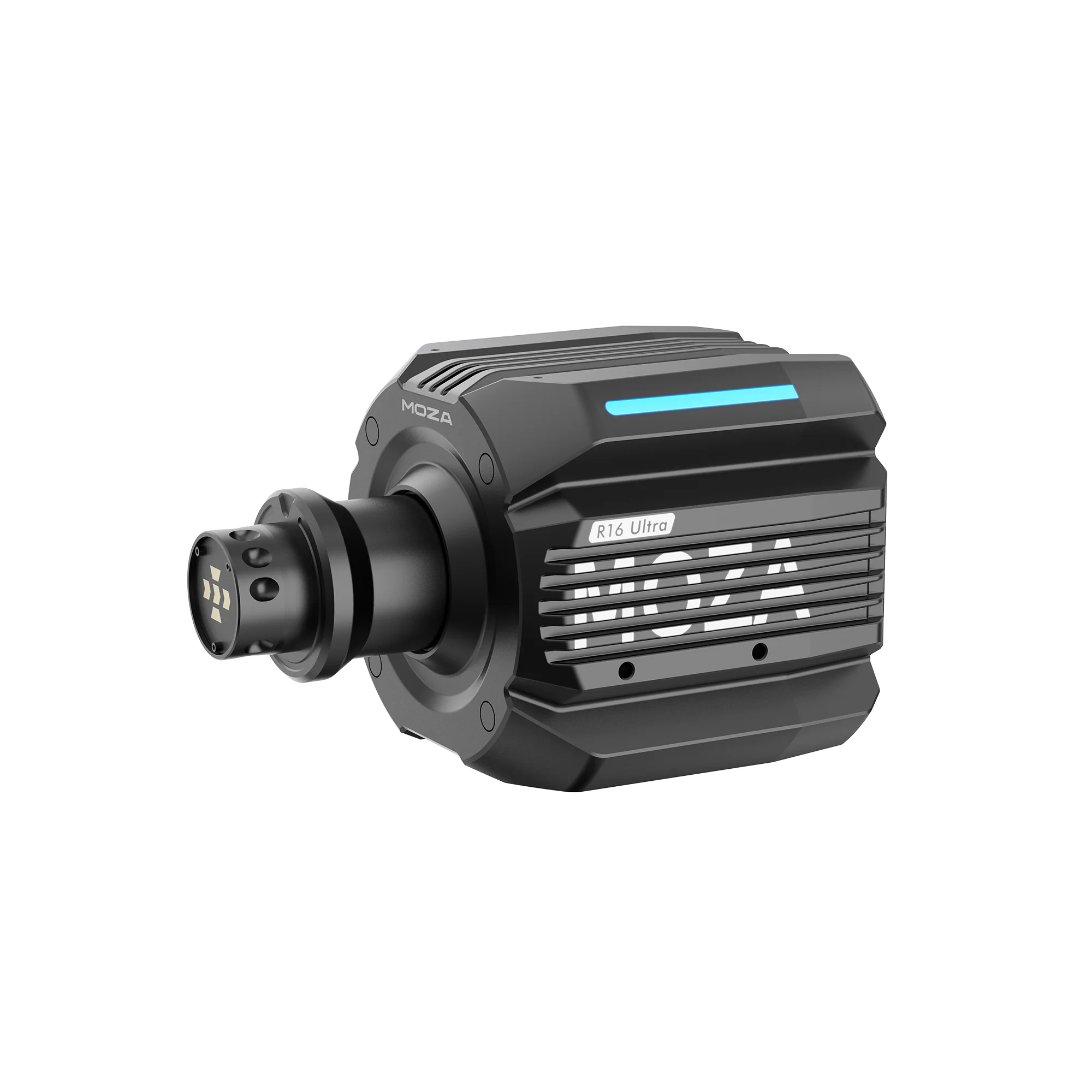 База руля MOZA R16 Ultra, чёрный корпус с синей RGB-полосой, вид три четверти