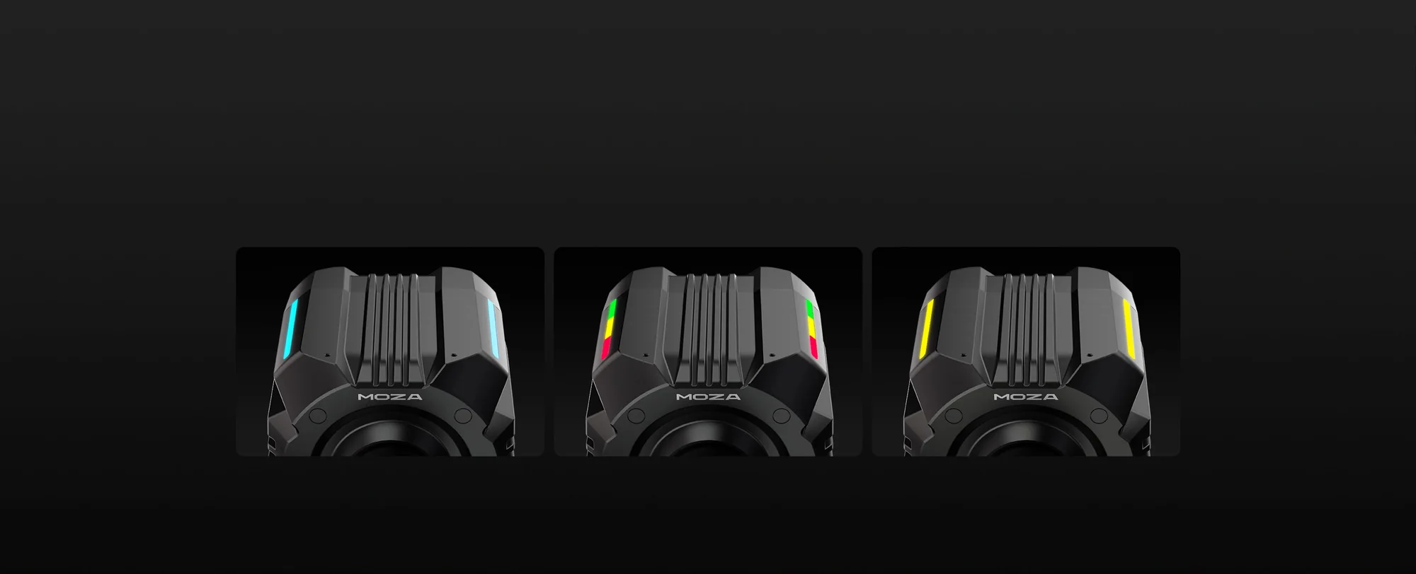 Три кадра MOZA R16 Ultra с RGB-подсветкой разных цветов для телеметрии