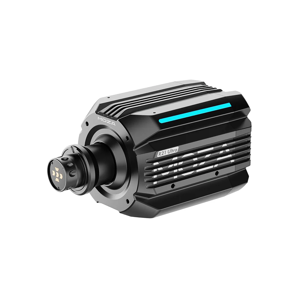 База руля MOZA R21 Ultra, чёрный корпус с синей RGB-полосой, вид три четверти