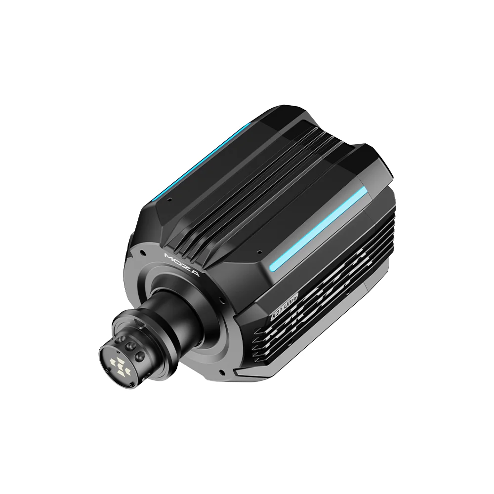 MOZA R21 Ultra сверху-сбоку: RGB-полоса вдоль верхней грани корпуса