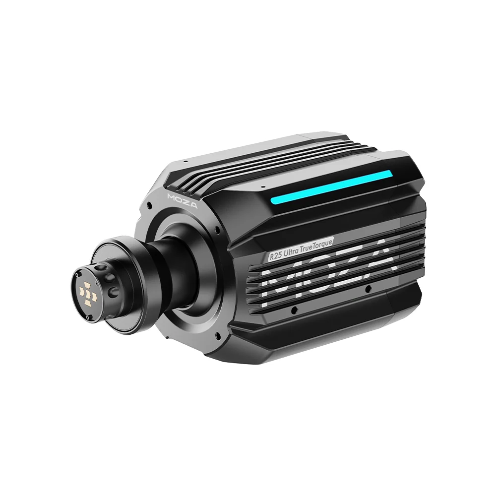 База руля MOZA R25 Ultra True Torque, чёрный корпус с синей RGB-полосой, вид три четверти