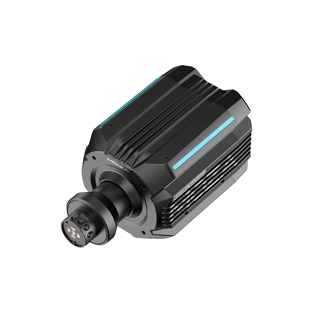 MOZA R25 Ultra сверху-сбоку: RGB-полоса вдоль верхней грани корпуса
