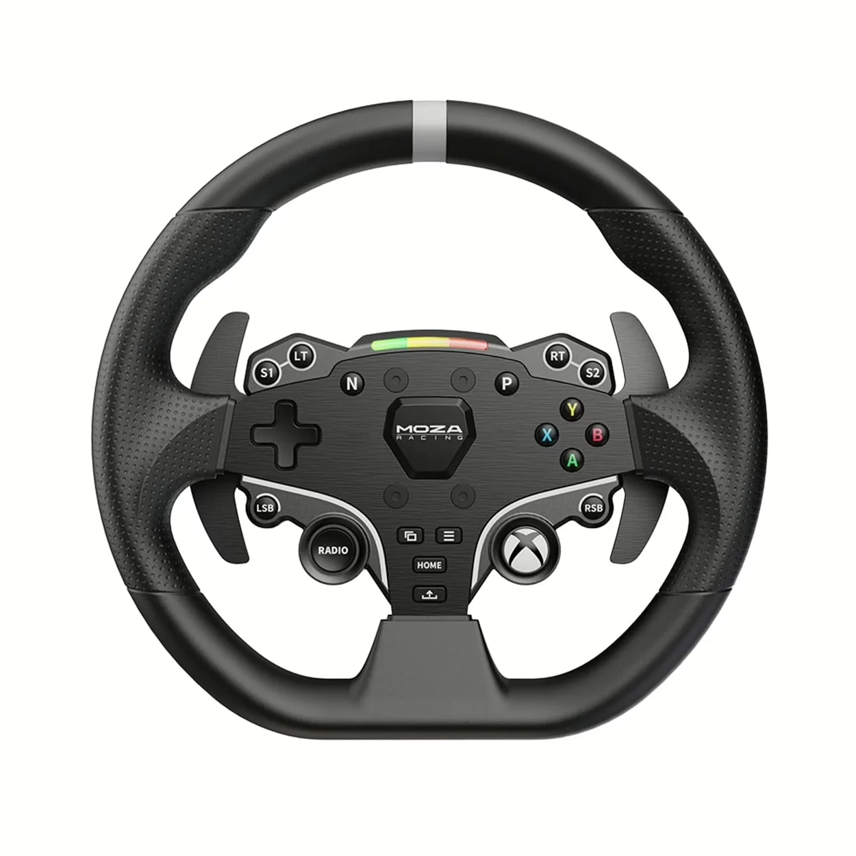 Руль MOZA ESX спереди: кнопки Xbox A, B, X, Y, кнопка Xbox Guide и светодиоды оборотов