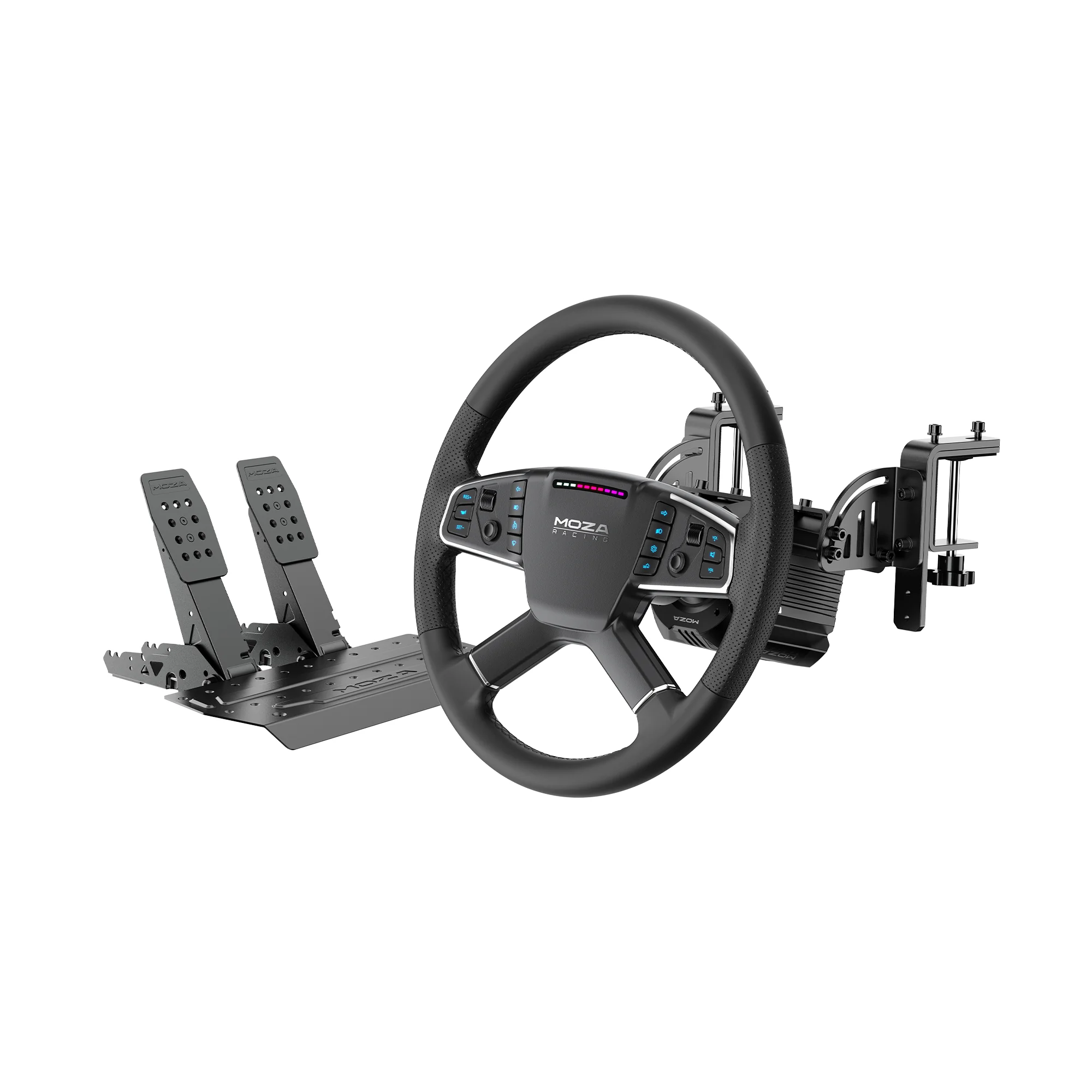 Комплект MOZA R5 Pro Truck: база, грузовой руль TSW 400 мм и педали SRP Lite2 на белом фоне