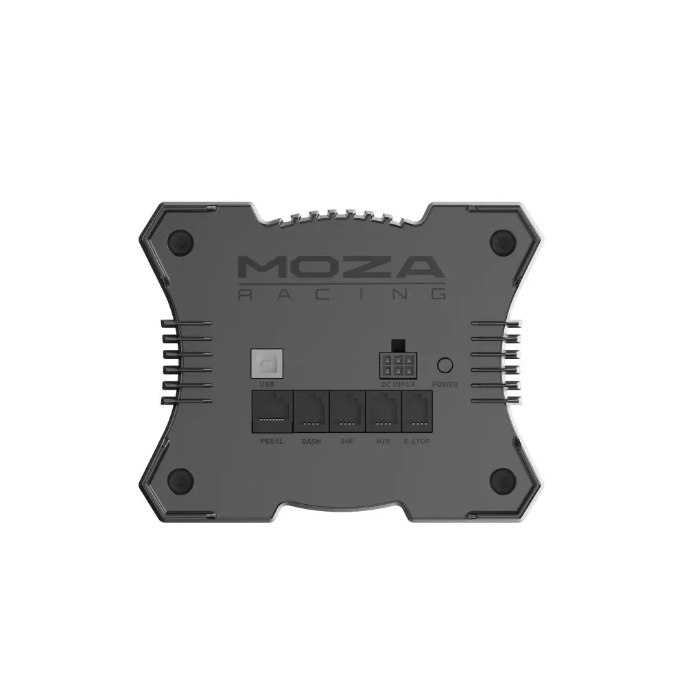 Задняя панель MOZA R9 V3 крупным планом: разъёмы USB, DC INPUT, POWER и порты PEDAL, DASH, SHF, H/B, E-STOP