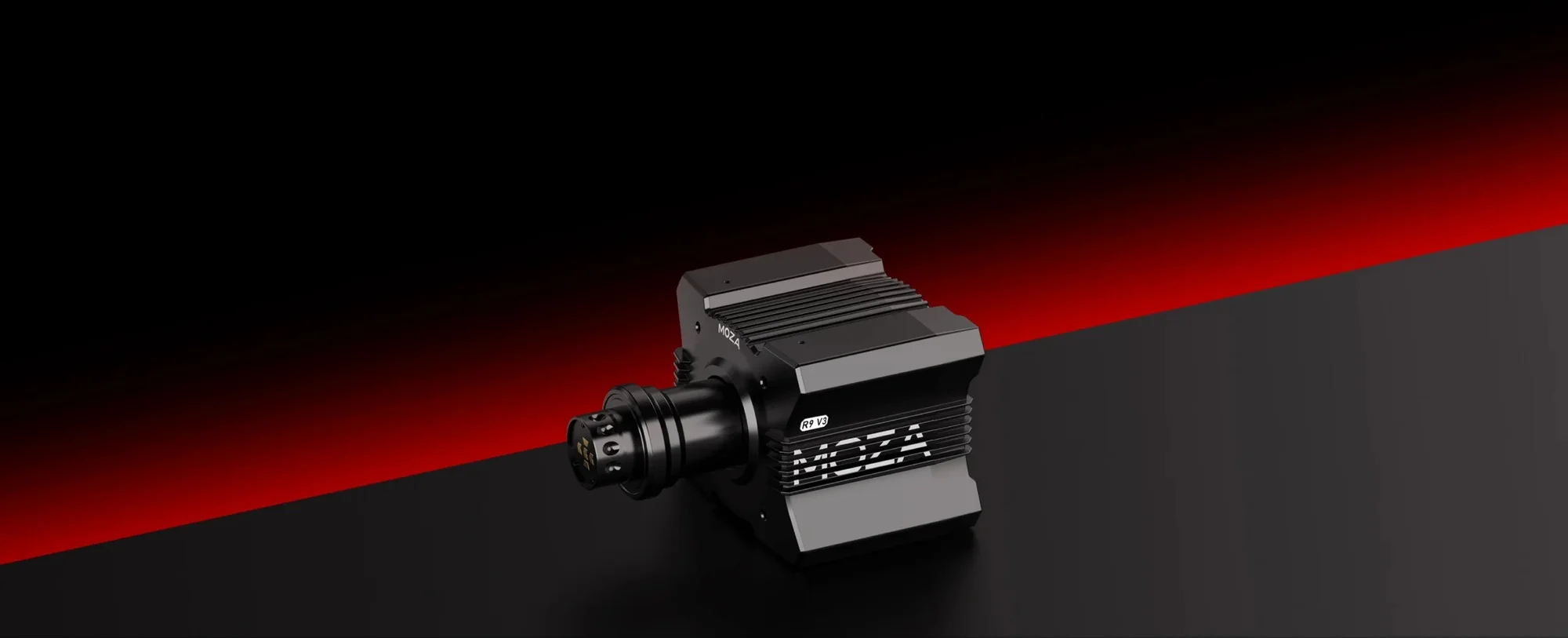 База MOZA R9 V3 на тёмном фоне с красной световой полосой — имиджевый кадр