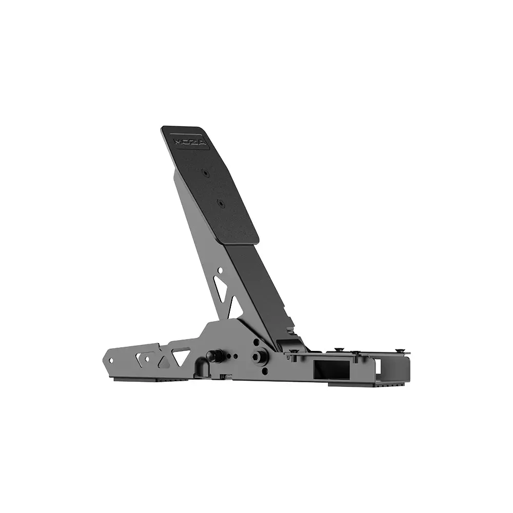 Педаль MOZA SR-P Lite Clutch сбоку: видны угол площадки, шарнир и стальная рама основания