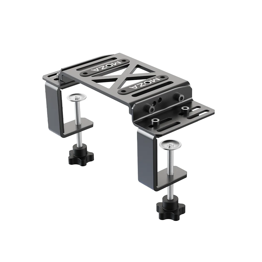MOZA Table Clamp: стальное настольное крепление со струбцинами и винтами-барашками, вид три четверти на белом фоне