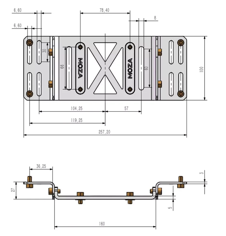 Чертёж MOZA Table Clamp с размерами: монтажная пластина 257,2 × 100 мм и шаг крепёжных отверстий