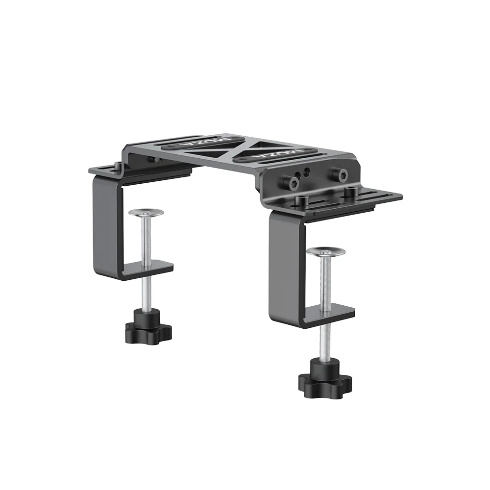 MOZA Table Clamp в сборе: монтажная пластина с пазами и две струбцины, вид сбоку на белом фоне
