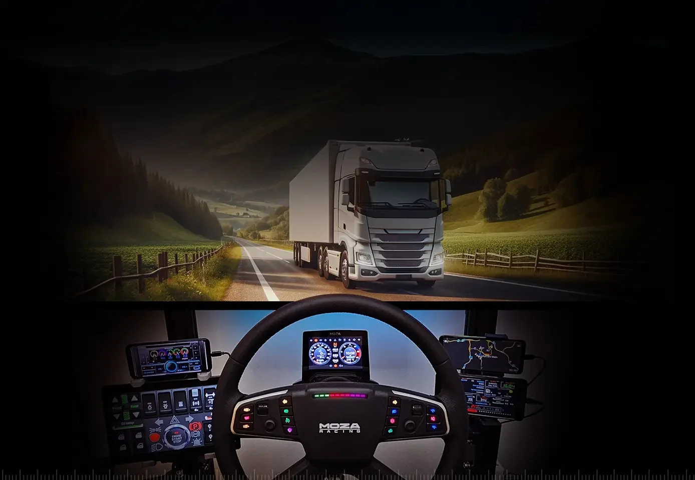 Домашний кокпит с MOZA Trucking Bundle: ночная трасса и фура на экране
