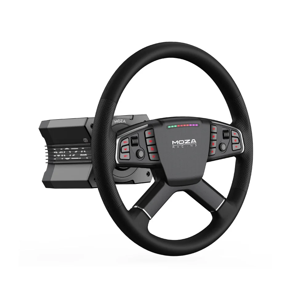 MOZA TSW, установленный на базу MOZA сбоку: видно, как руль садится на quick release базы