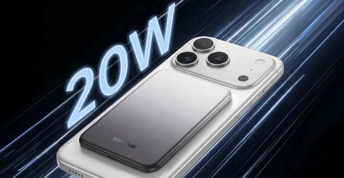 Grey AeroMag Air 5K on an iPhone: USB-C fast charging at up to 20 W