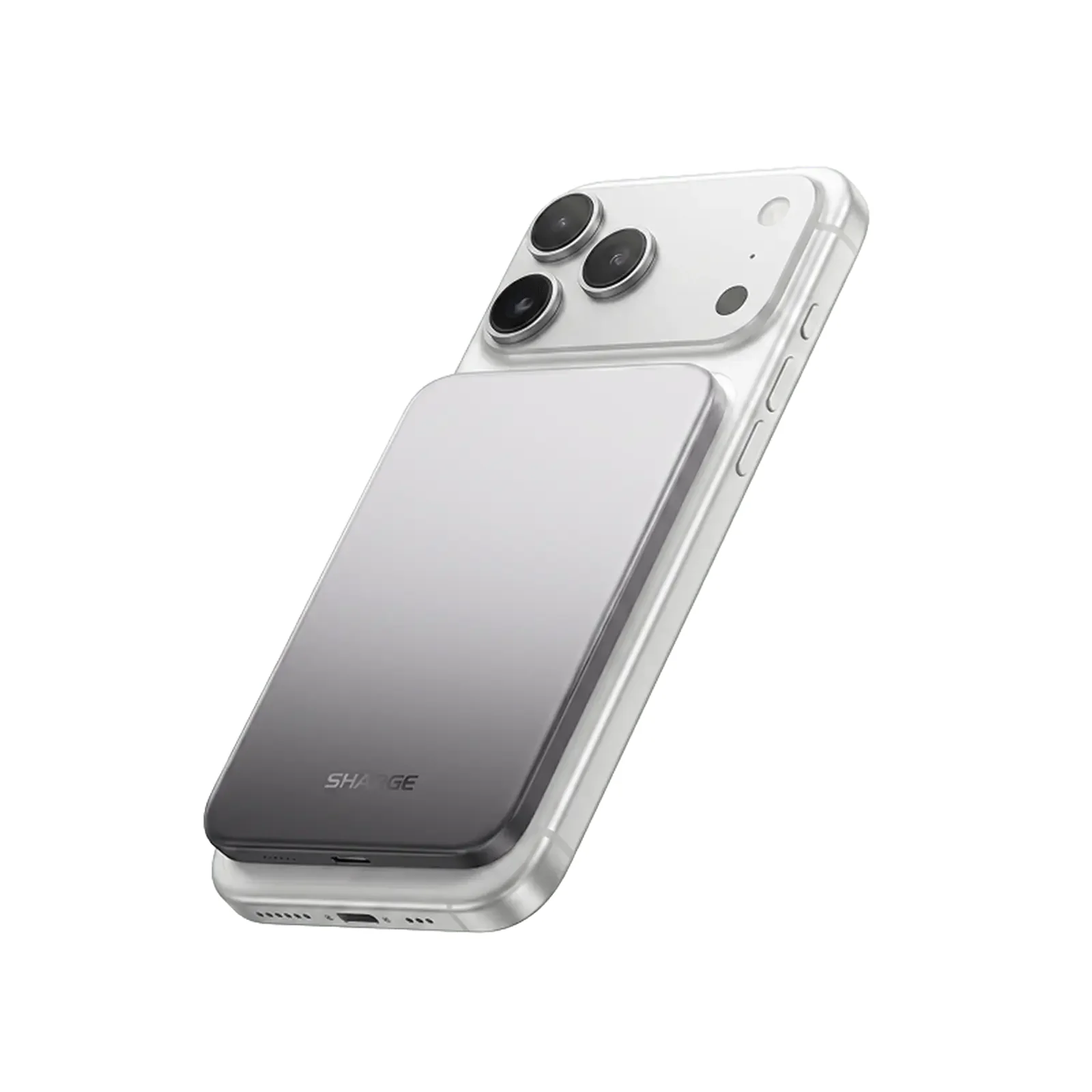 SHARGE AeroMag Air 5K in the grey gradient finish, magnetically attached to the back of an iPhone